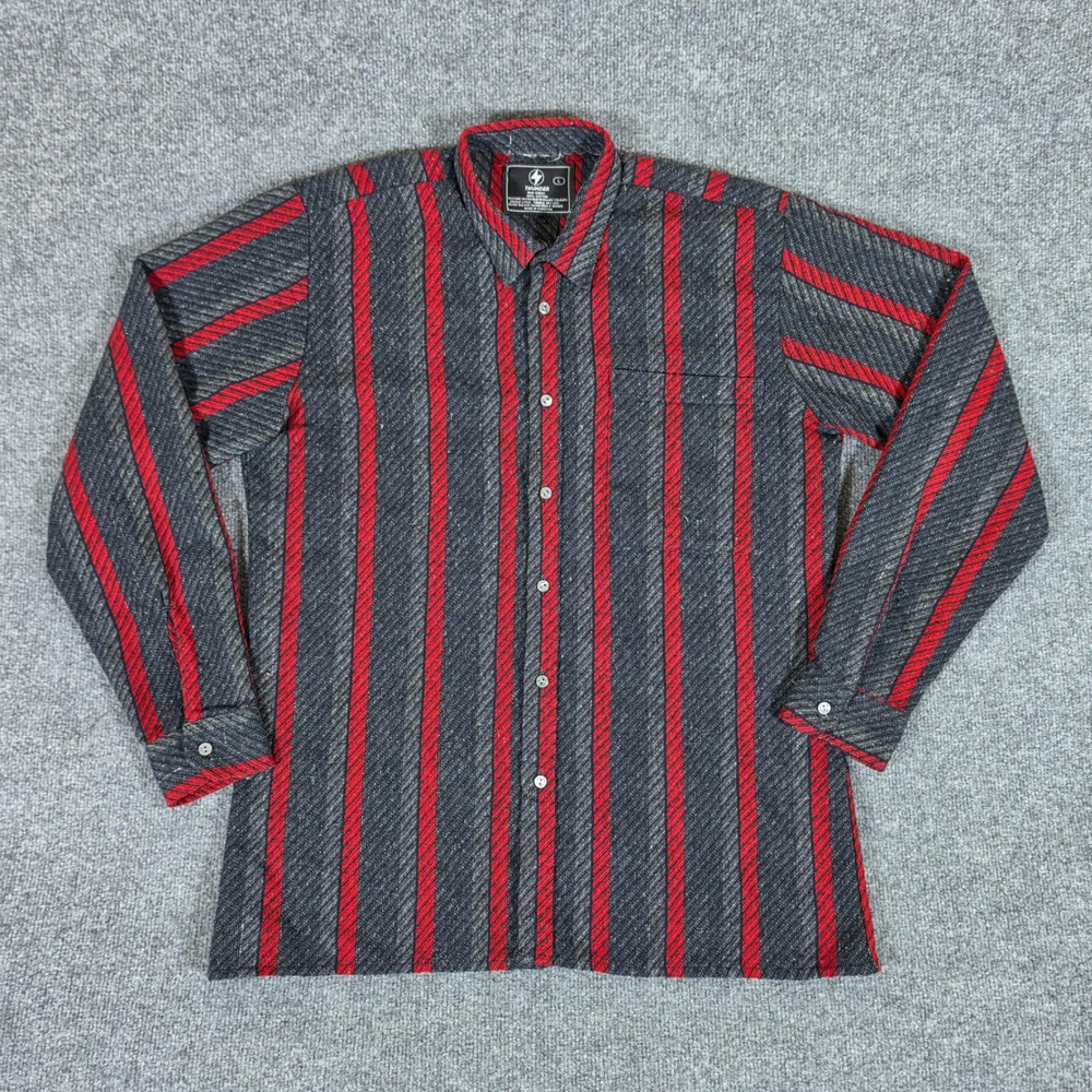 Y2K Thunder Mens Large Cotton Button Down Shirt Gray Red Vertical Stripes